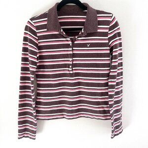 American Eagle Striped Henley Button Long Sleeve Polo Top